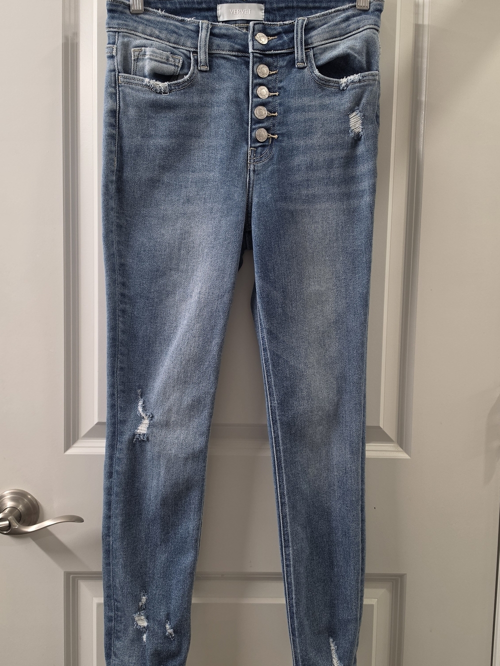 Button-Fly High-Rise Skinny Jeans in Medium Blue Wash